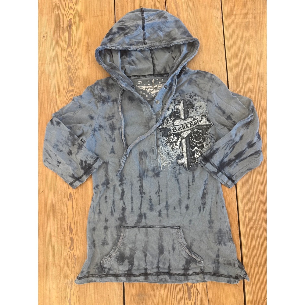 Rock & Roll Cowgirl Tie‎ Dye Hoodie Shirt Women's Cross Graphic Y2K Goth Size M